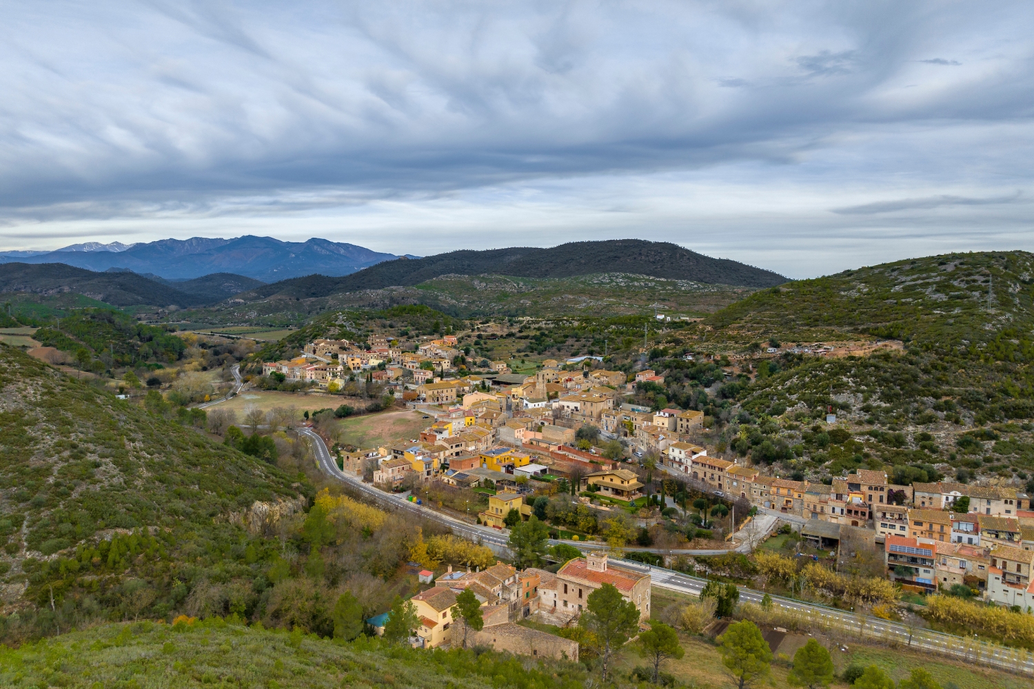 Biure (Aerial View Of The Village Of Biure On A Cloudy Winter Morning Alt Emporda Girona Catalonia Spain_017)