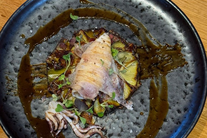 Carxofa Baix in Baix Llobregat (Tibu Ron Beach Club Flor De Alcachofa Con Calamar A La Brasa_ Panceta Iberica Y Demi Glace)